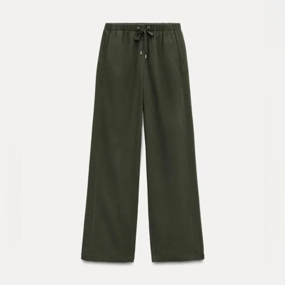 ZARA TEXTURED WIDE LEG PANTS DARK KHAKI GREEN